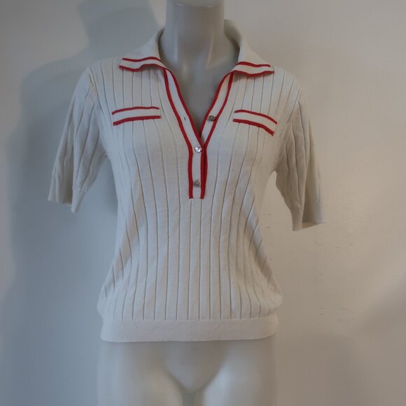 Womens Minnie Rose White Red Cotton Cashmere Collared V-Neck Knit Polo Top S - Picture 1 of 5